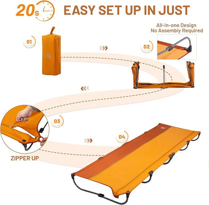 TIMBER RIDGE Lightweight Aluminum Camping Cot, 20-Second Quick Set-Up Folding Cot Low Profile with Zipper Closure, Portable Carry Bag for Camping, Travel and Outdoors, Support up to 225lbs, Orange