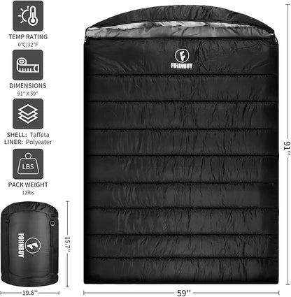 0 Degree Double Sleeping Bag for Adults, 2 Person Cold Weather Queen Size Sleeping Bag for Camping, RV Travel, or Family Outdoors