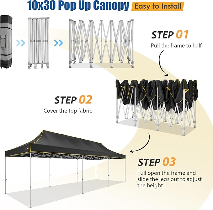 HOTEEL 10x30 Pop up Canopy Tent for Parties, Heavy Duty Easy Setup Tent Without Sidewalls, Outdoor Commercial Instant Gazebo for Wedding Event, with Portable Bag, Black(Hexagonal Frame)