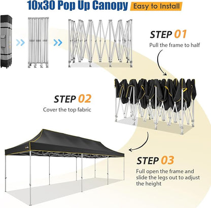 HOTEEL 10x30 Pop up Canopy Tent for Parties, Heavy Duty Easy Setup Tent Without Sidewalls, Outdoor Commercial Instant Gazebo for Wedding Event, with Portable Bag, Black(Hexagonal Frame)