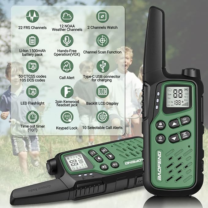 Baofeng Walkie Talkies with 22 FRS Channels, Long Range Walkie Talkies for Adults MP25 Family Walkie Talkie Two Way Radio with LED Flashlight LCD Display for Hiking Camping (Green,Include Battery)