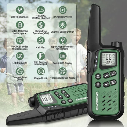 Baofeng Walkie Talkies with 22 FRS Channels, Long Range Walkie Talkies for Adults MP25 Family Walkie Talkie Two Way Radio with LED Flashlight LCD Display for Hiking Camping (Green,Include Battery)