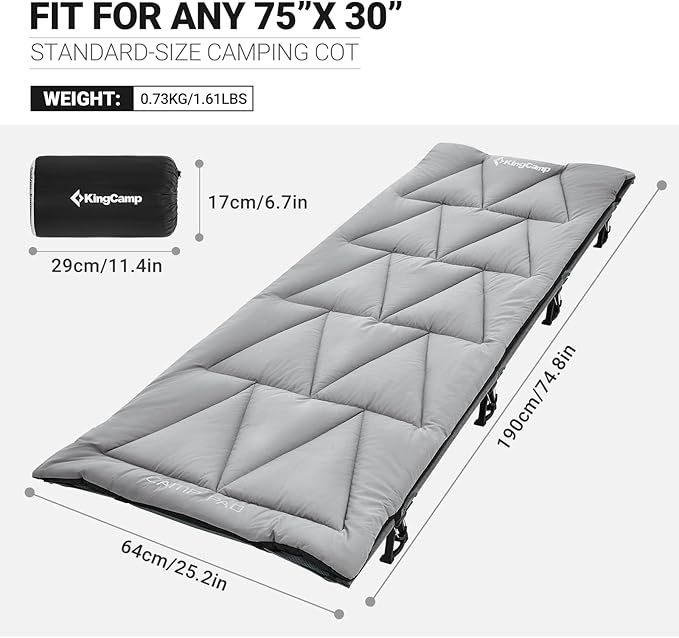 KingCamp Cot Pad Topper for Camping, Soft Warm Non-Slip Cot Mattress, Comfortable Lightweight Sleeping Mat for Outdoor & Indoor, Picnic, Hiking, Backpacking, Yoga