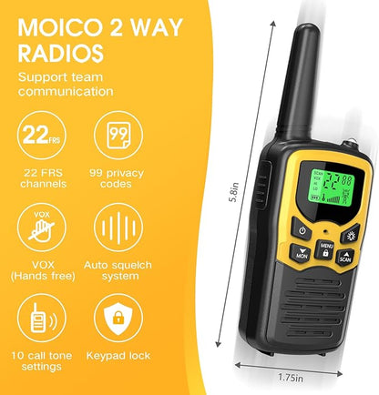 Walkie Talkies with 22 FRS Channels, MOICO Walkie Talkies for Adults with LED Flashlight VOX Scan LCD Display, Long Range Family Walkie Talkie for Hiking Camping Trip (Yellow, 4 Pack)