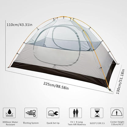 Bessport Camping Tent 1/2 Person Tent Waterproof Two Doors Backpacking Tent Easy Setup Lightweight for Outdoor, Hiking Mountaineering Travel