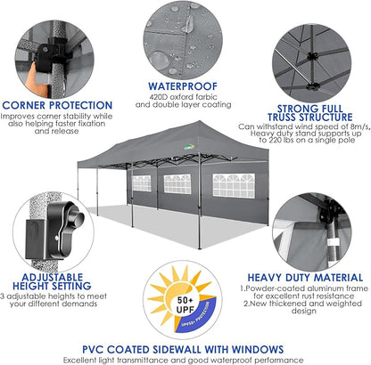 COBIZI 10x30 Pop up Canopy Tent 10x30 Canopy with Sidewalls, Heavy Duty Party Tent Tents for Parties, Foldable UPF 50+ Waterproof Commercial Ez up Canopy with Roller Bag, Grey(Windproof Upgraded)