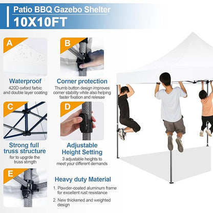 COBIZI 10x10 Pop Up Canopy Tent 10x10 Easy up Canopy, Heavy Duty Outdoor Canopy UPF 50+ All Weather Waterproof Instant Party Tents for Parties Gazebo with Handbag, White(Windproof Upgraded)