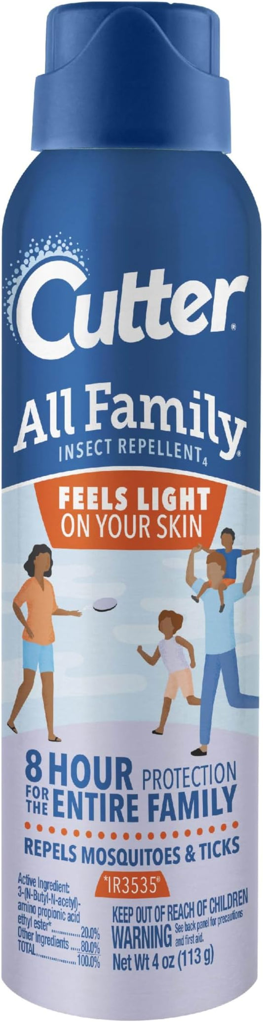 Cutter All Family Insect Repellent, 4 Ounces, [DEET-Free] Alternative Lightweight Aerosol Spray Repels Mosquitoes and Ticks for Up to 8 Hours of Complete Protection for The Entire Family