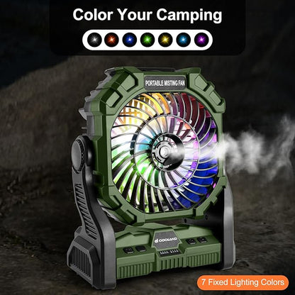 Odoland Portable Misting Fan with LED Light, 10000mAh Battery Operated Rechargeable Camping Mister Fan with 250mL Water Tank and Hook, Outdoor Tent Cooling Mist Fans for Patios Beach Home, Green