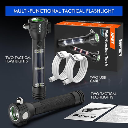 NPET T09 Solar Flashlight Car Flashlight 268 Lumens LED COB Light USB Rechargeable Tactical Multi-Function Torch Tool with Window Breaker Seat Belt Cutter Compass (T09-2pack)