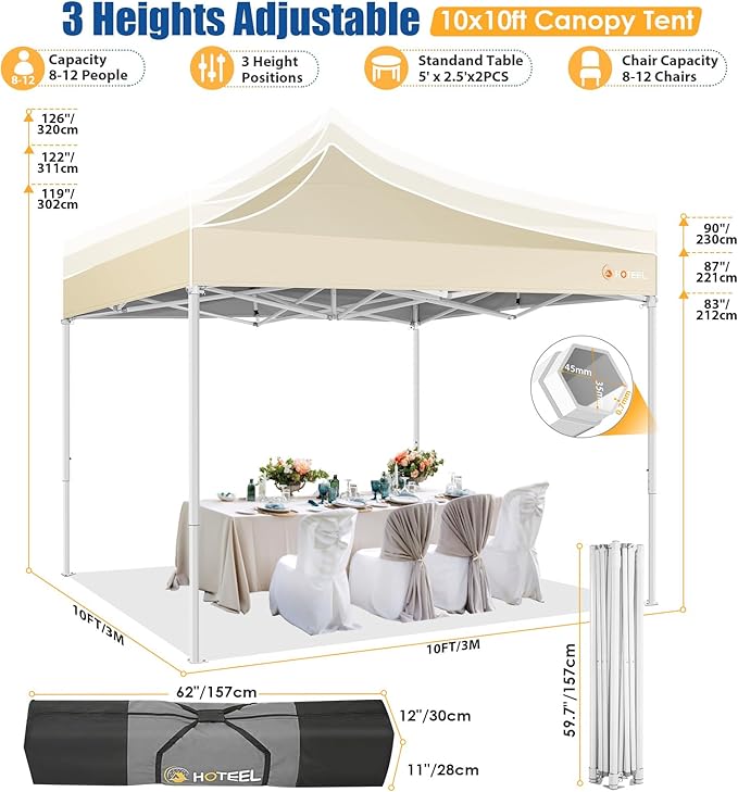 HOTEEL 10x10 Pop up Canopy Tent for Parties, Heavy Duty Easy Setup Tent with 4 Sidewalls, Outdoor Commercial Instant Gazebo for Wedding Event, with Portable Bag & Sand Bags, Khaki(Hexagonal Frame)
