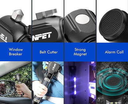 NPET T10-5 Solar Flashlight Car Flashlight Zoomable 1000 Lumens LED COB Light USB Rechargeable Tactical Multi-Function Torch Emergency Tool with Window Breaker Seat Belt Cutter Compass Siren