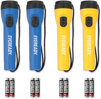 EVEREADY LED Flashlights (4-Pack), Bright Flashlights for Emergencies and Camping Gear, Flash Light with AA Batteries Included, Blue/Yellow (4-Pack)