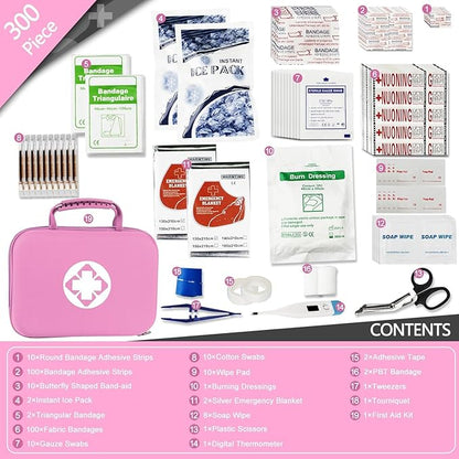 300PCS Home First Aid Kit for Hiking Car Home Emergency Kit First Aid Bag Multiple Purpose Outdoor Backpacking Gear for Disaster Preparedness Pink