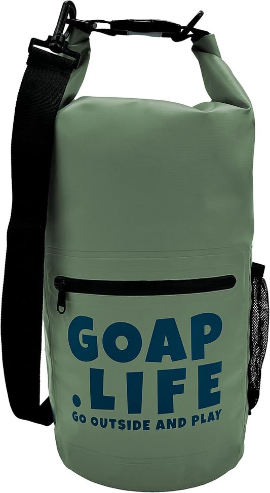GOAP 10L Waterproof Dry Bag for Beach, Fishing, Camping, and Hiking - Rolltop Design with Crossbody Strap, Water Bottle Pocket, and Zipper Pocket