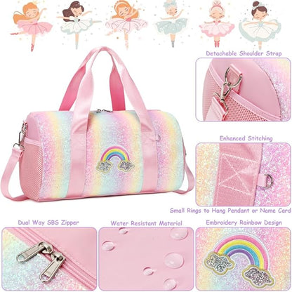 Ballet Dance Bag for Girls Dancers Shiny Rainbow Glitter Sports Duffle Bag for Kids Girls Ballerina Duffle with Shoulder Strap and Waterproof Wet Pocket
