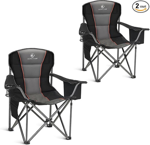 ALPHA CAMP Oversized Camping Chair Heavy Duty Lawn Chair with Cooler Bag Support 450 LBS Steel Frame Collapsible Padded Arm Quad Lumbar Back Folding Chair for Lawn Outdoor