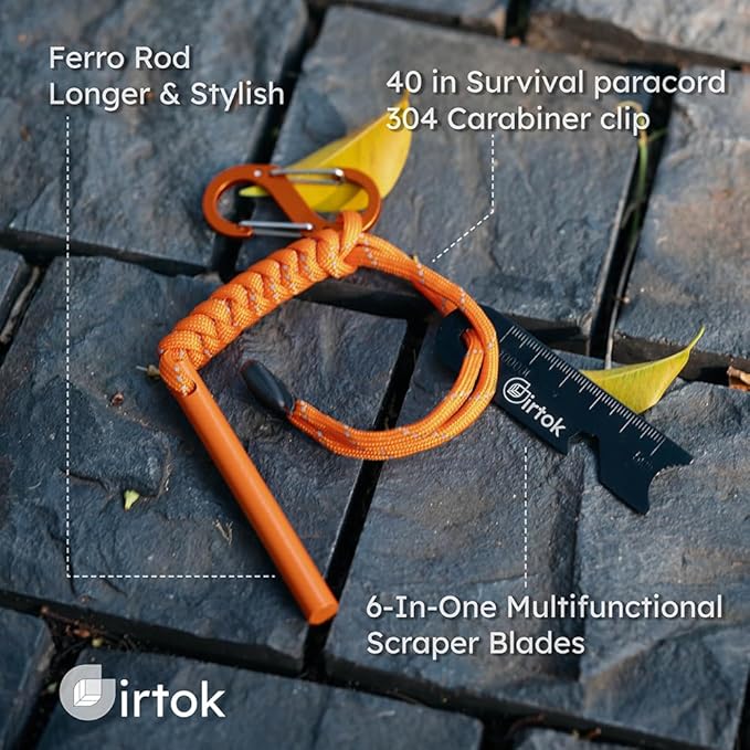 Camping Fire Starter Survival Tool，Large Size & Stylish Eye-catching Colors Ferro Rod with a Hemp Wick,Carabiner Clip & Survival Paracord,Survival Kit for Camping, Hiking & Emergency