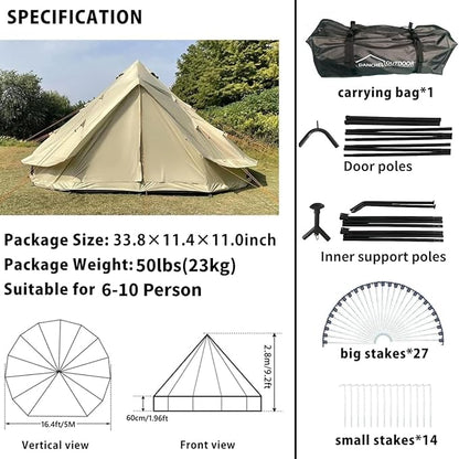 DANCHEL OUTDOOR B2A Waterproof Roomy Interior Yurt Tent, No Center Pole Bell Tent 4/8 Person Family Camping Glamping, 4 Season Hot Tents with Stove Jack 300D Oxford Nylon, 13ft/16.4ft Khaki