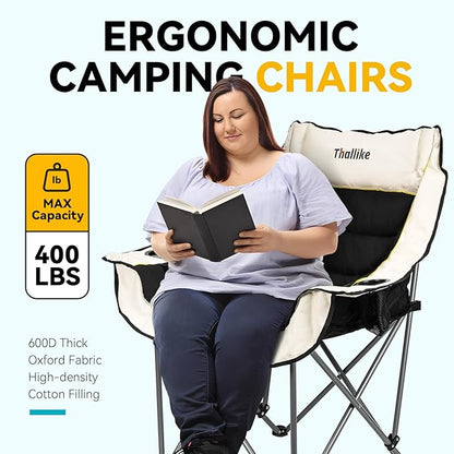 Oversized Camping Chair, Portable Folding Padded Camping Chairs with Cup Holder and Carry Bag, Heavy Duty Outdoor Camping Chairs for Adults, Up to 400Lb, for Fishing (Black-2 Pack)