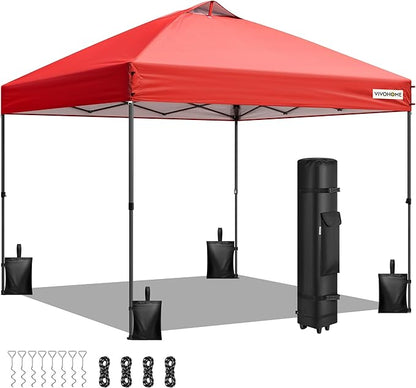 VIVOHOME 8x8ft Pop Up Canopy Tent One Push Setup Outdoor Portable Shelter Tent Heavy Duty with Wheel Carry Bag and 4 Sandbags, Red