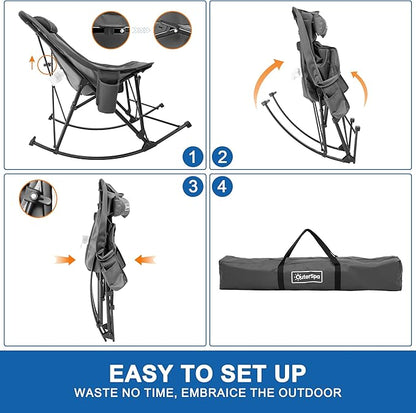 Oversized Camping Chair for Adults, Lawn Chairs Outdoor Fold up, Rocking Camping Chairs with Pillow for Picnic, Heavy-Duty 600D Oxford Cloth with Cup Holder, 350 Pound Capacity, Grey.