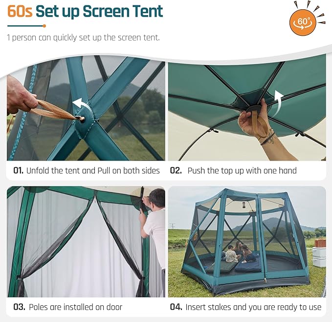 Instant Tents for Camping Pop Up Screen Tent with Rainfly and Porch, 6 Person Large Family Camping Tent with Floor, Easy 60S Setup Hub Tent for Outdoor Picnic Backyard, 11.5'L x 10'W x 6.83'H