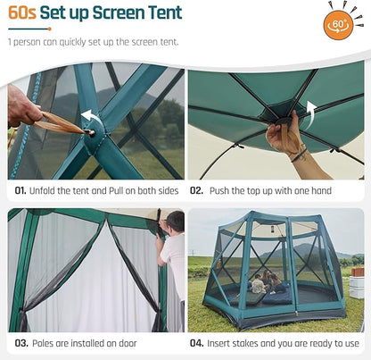 Instant Tents for Camping Pop Up Screen Tent with Rainfly and Porch, 6 Person Large Family Camping Tent with Floor, Easy 60S Setup Hub Tent for Outdoor Picnic Backyard, 11.5'L x 10'W x 6.83'H