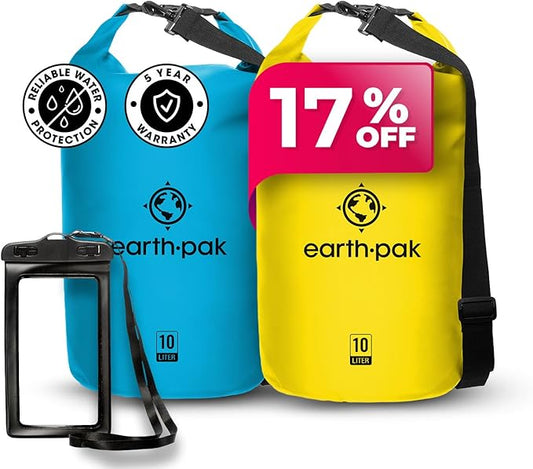 Earth Pak Waterproof Dry Bag - Roll Top Waterproof Backpack Sack Keeps Gear Dry for Kayaking, Beach, Rafting, Boating, Hiking, Camping and Fishing with Waterproof Phone Case