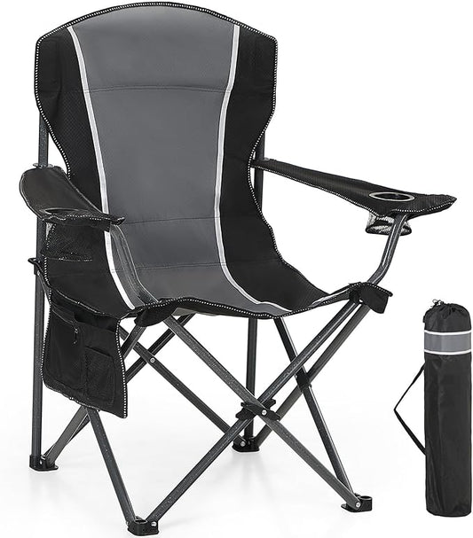 HIGH POINT SPORTS Oversized Camping Folding Outdoor Chair with Armrest, Collapsible Portable Lawn Chair with Cup Holder for Adults Support 350 LBS, Gray-Black