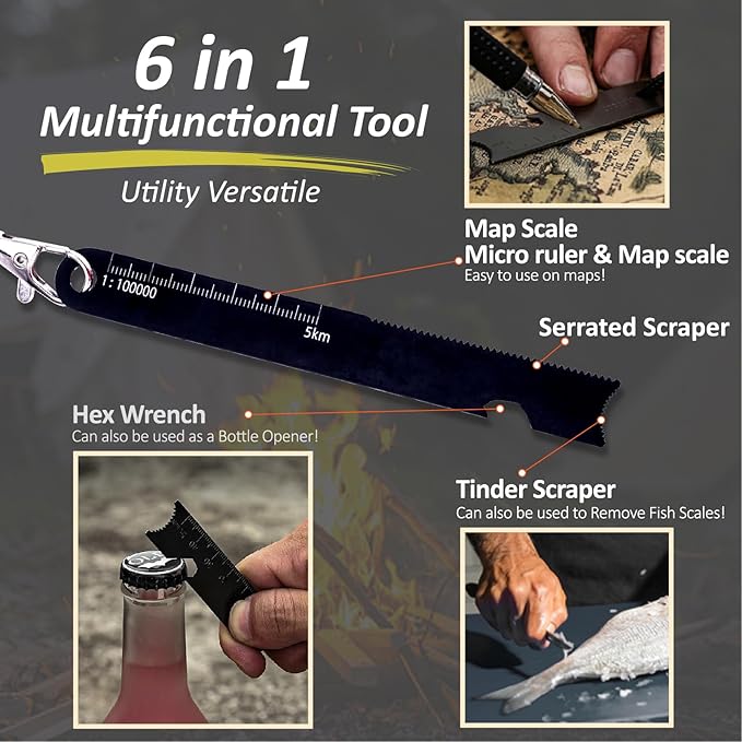 Flint and Steel Fire Starter Kit 7-in-1 Ferro Rod Fire Steel Bushcraft Equipment, Portable Survival Magnesium Kit with 36" Waterproof Wick Rope, Multi Tool Scraper, Compass for Camping Hiking
