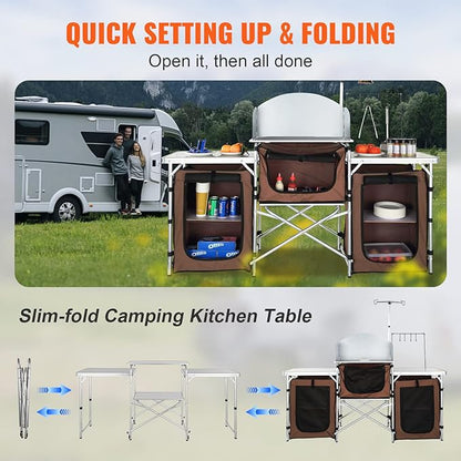 VBENLEM Camping Kitchen Table, Aluminum Portable Folding Camp Cook Table with Windshield, 3 Cupboard, Storage Organizer, Quick Installation for Outdoor Picnic Beach Party Cooking, Brown