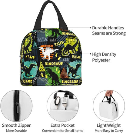 Dinosaur Insulated Lunch Box Portable Thermal Cooler Box Cartoon Cute Dino Reusable Kids Lunch Tote Bag for School Office Work Picnic Travel
