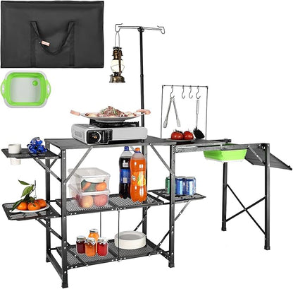 VEVOR Camping Kitchen Table with Sink, Aluminum Folding Portable Outdoor Cook Station, 2 Shelves & Carrying Bag for Picnic BBQ Beach Traveling