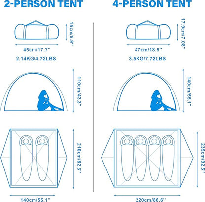 BISINNA 2/4 Person Camping Tent Lightweight Backpacking Tent Waterproof Windproof Two Doors Easy Setup Double Layer Outdoor Tents for Family Camping Hunting Hiking Mountaineering Travel