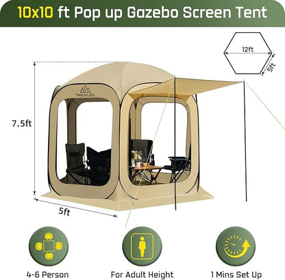 10x10 FT Pop Up Screen Tent - Instant Screened Gazebo Canopy with Mosquito Net, Portable Backyard Tent for 4-6 People, Easy Setup Patio Shelter for Camping, BBQ, Sports & Outdoor Activities