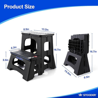 Folding 2-Step Stool - Upgraded Stable A-Frame, Safety Lock, Anti-Slip Rubber Feet, 300lb Capacity, No Assembly - 8" 17" Step Stools for Kitchen, Bathroom, Bed, RV, Home, Office (Black)
