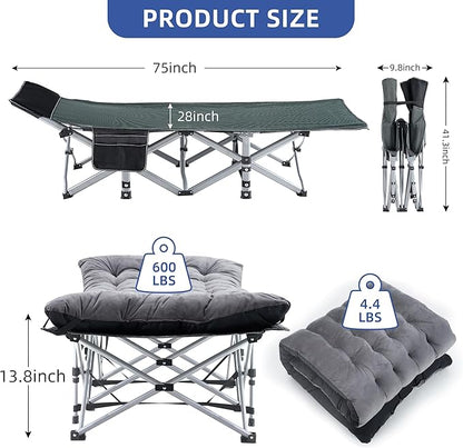 Camping Cot, Sleeping Cots for Adults, Portable Camping cots with Mattress, Pillow and Carry Bag, 1200D Double Layer Oxford, 600 LBS Weight Capacity Cots for Sleeping(Grey+Black)