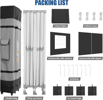 HOTEEL 10x20 Pop up Canopy Tent for Parties, Heavy Duty Easy Setup Tent with 6 Sidewalls, Outdoor Commercial Instant Gazebo for Wedding Event, with Roller Bag & Sand Bags, Black(Hexagonal Frame)