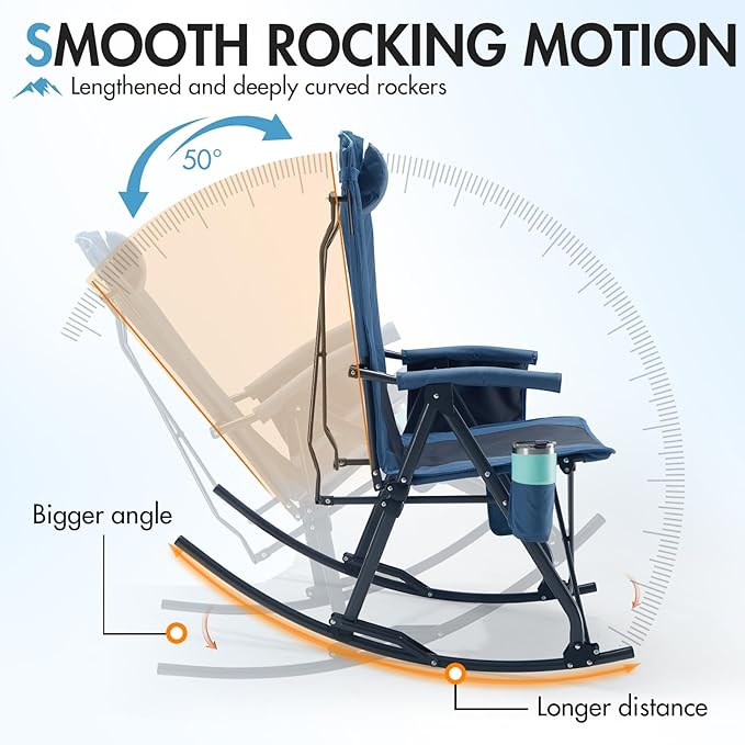PORTAL Oversized Folding Rocking Camping Chair Portable Outdoor Rocker with High Back Hard Armrests Carry Bag, Supports 400 lbs