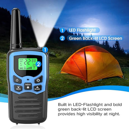 Walkie Talkies with 22 FRS Channels, MOICO Walkie Talkies for Adults with LED Flashlight VOX Scan LCD Display, Long Range Family Radios for Hiking Camping Trip (Blue, 4 Pack)