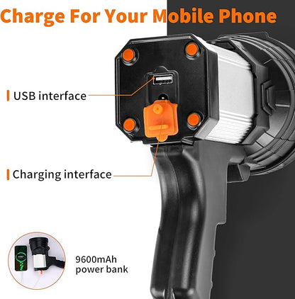 Super Bright Rechargeable Spotlight,Handheld Rechargeable LED Flashlight Ultra-Long Standby Lightweight Tactical Searchlight with USB Output Aluminium Alloy Golden Camping Light (White Light)