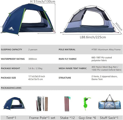 ThreeBears 2-Person Camping Tent, Waterproof & Windproof Lightweight Backpacking Tent for Hiking, Camping, Mountaineering & Travel - Durable & Easy Setup