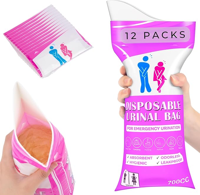 Disposable Urine Bag,12 Packs 700ML Disposable Urinal Bag for Travel, Emergency Portable Pee Bag and Vomit Bags, Toilet Bag for Camping, Traffic Jams, Pregnant, Patient, Kids (Pink - 12)