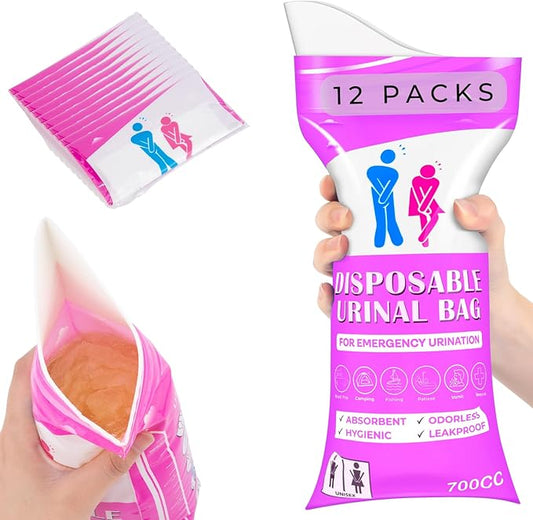 Disposable Urine Bag,12 Packs 700ML Disposable Urinal Bag for Travel, Emergency Portable Pee Bag and Vomit Bags, Toilet Bag for Camping, Traffic Jams, Pregnant, Patient, Kids (Pink - 12)