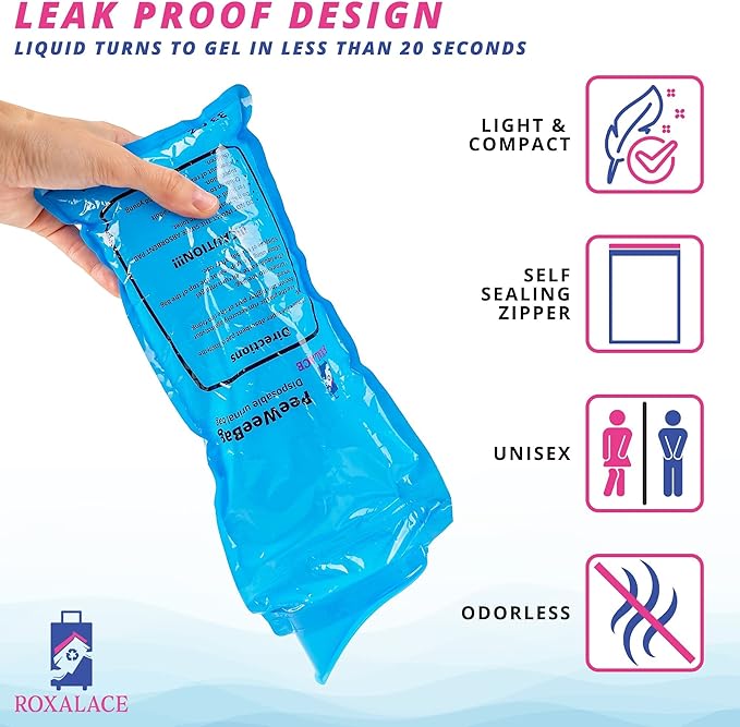 ROXALACE® Resealable Disposable Urinal Bags, 12 Pack 1000 ml Unisex Urine Bag Travel Traffic Jam Emergency Urinals Bag, Camping Pee Bags, Portable Toilet Pee Bags for Men Women Kids Patient