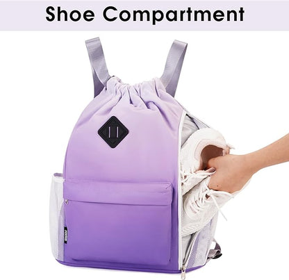 WANDF Drawstring Backpack Sports Gym Bag with Shoes Compartment, Water-Resistant String Backpack Cinch Bag for Women Men (Purple Gradient)