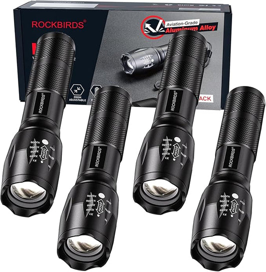 LED Flashlight, High Lumen Handheld Light with 5 Modes, Zoomable Flashlight for Home Outdoor Hiking Camping (Black, 4 Pack)