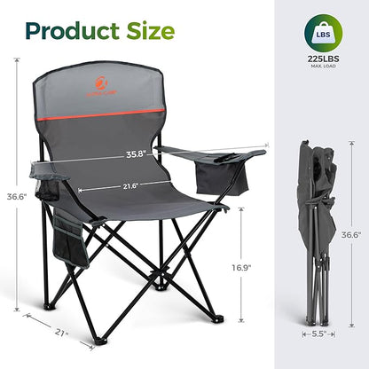 ALPHA CAMP Folding Camping Chairs for Adults Lawn Chairs Outdoor Chairs Support 250 LBS Portable Camp Chairs with Cup Holders Cooler Pouch for Outdoor, 2 Pack (Gray)