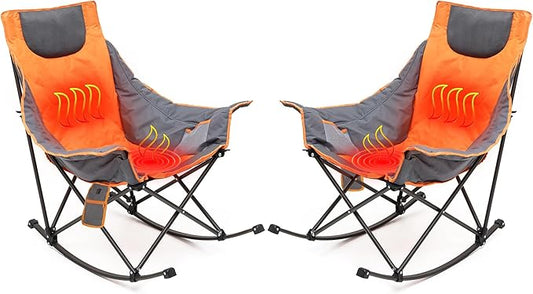 SUNNYFEEL Oversized Heated Camping Chair 2 Pack, Folding Rocking Camping Chairs with Luxury Padded Recliner,Carry Bag, 300 LBS Heavy Duty for Lawn/Outdoor/Picnic/Patio, Portable Rocker Camp Chair